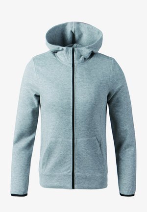 Ljusgrå zip-up hoodie med en mjuk textur, kängurufickor och hög krage, med en kontrasterande mörk dragkedja och muddar.