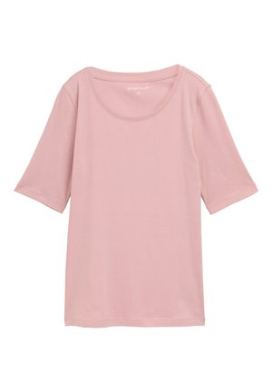 Lichtroze t-shirt met korte mouwen van zachte stof, met een ronde halslijn en een ontspannen pasvorm. Eenvoudig ontwerp zonder patronen of versieringen.