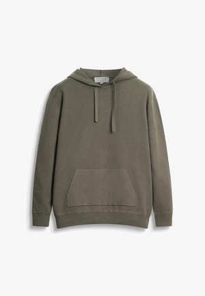 Olivegrüner Hoodie aus weichem Material, ausgestattet mit einer Kängurutasche, einstellbarem Kordelzug an der Kapuze sowie gerippten Bündchen und Saum.