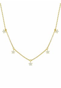 Złocony naszyjnik łańcuchowy z pięcioma gwiazdami jako zawieszkami, z których każda jest ozdobiona wieloma przezroczystymi kamieniami, co tworzy lśniący detal.