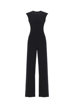 Tuta nera senza maniche con corpetto aderente e pantaloni a gamba larga, caratterizzata da una scollatura rotonda e senza decorazioni visibili.