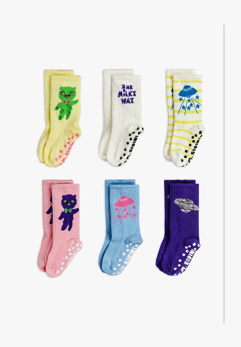 Šesť párov farebných ponožiek pre batoľatá s protišmykovou úpravou, zdobených medveďmi, UFO, planétami, pruhmi a nápisom "THE MILKY WAY".