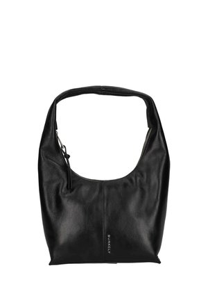 Bolso bandolera de cuero negro con asa curva, cierre superior con cremallera y pequeño logotipo vertical "Burkely" en el centro delantero.