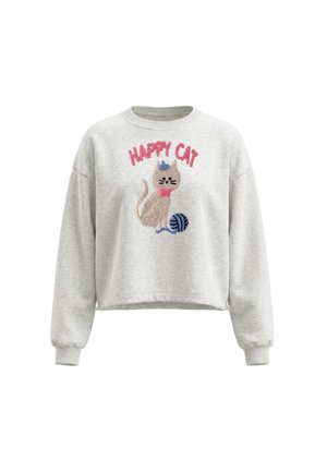 Lysegrå sweatshirt med en tekstureret kat iført butterfly og hat, en garnnøgle og teksten "HAPPY CAT" i pink over katten.