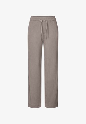 Pantaloni lounge di un marrone chiaro, in tessuto a righe con vita regolabile tramite cordoncino. Design a gamba dritta, superficie liscia e senza tasche visibili.