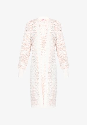 Pletena jopica v mehki beli barvi z svetlo rožnatimi poudarki. Ima sproščen kroj, dolge rokave, odprto sprednjo stran in teksturirane vzorce po celotni jopici.