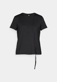 T-shirt noir à manches courtes en tissu lisse. Il présente un col rond et un détail de cordon de serrage réglable sur le côté.