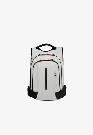 White and black Samsonite backpack with multiple zippered compartments and padded handle on top.
