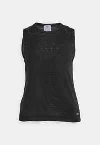 Svart ärmlös topp i meshtyg med ett strukturerat rutmönster. Har rund hals och en diskret logotyp vid fållen.