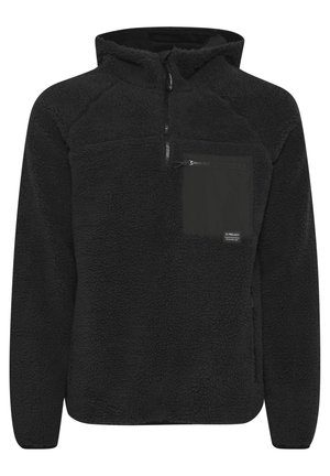 Black fleece pullover with a half zip, featuring a chest pocket in a smooth, matte fabric. Textured exterior with knit cuffs and hem.