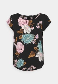 Blouse noire à manches courtes avec un motif floral dans des teintes de rose, bleu et marron ; possède un col rond et un ourlet arrondi.