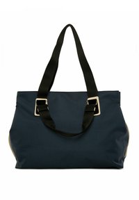 Marinblå tote bag lavet af slidstærkt stof, med brede sorte remme og sølvudstyr. Enkel design uden yderligere mønstre eller accenter.