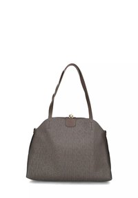 Bruine totebag met herhaald patroon van de tekst "GATTINONI ROMA" en dubbele schouderbanden op een witte achtergrond.