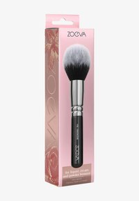 Pennello per bronzer ZOEVA in nero e argento, con una testa di setole sintetiche soffice e densa. Confezionato in una scatola rosa con accenti floreali.