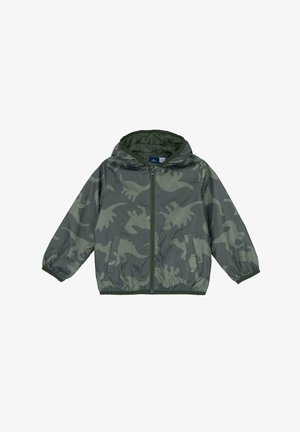 Groene windbreaker met dinosaurust patroon, voorzien van een rits aan de voorkant,(capuchon en elastische manchetten. Lichtgewicht, met een soepele textuur en zijkanten zakken.