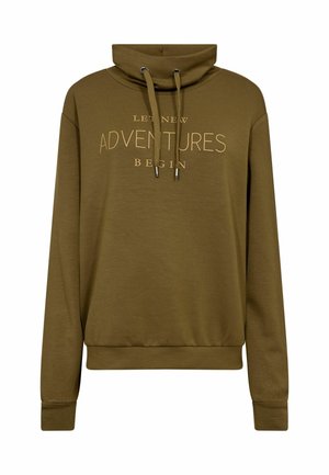 Olive green hooded sweatshirt with a drawstring, featuring "LET NEW ADVENTURES BEGIN" in beige text, relaxed fit, and cuffed sleeves.