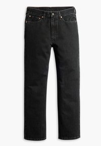 Jean noir droit en denim avec fermeture avant par bouton et zip, cinq poches et détails de rivets en cuivre sur fond blanc.