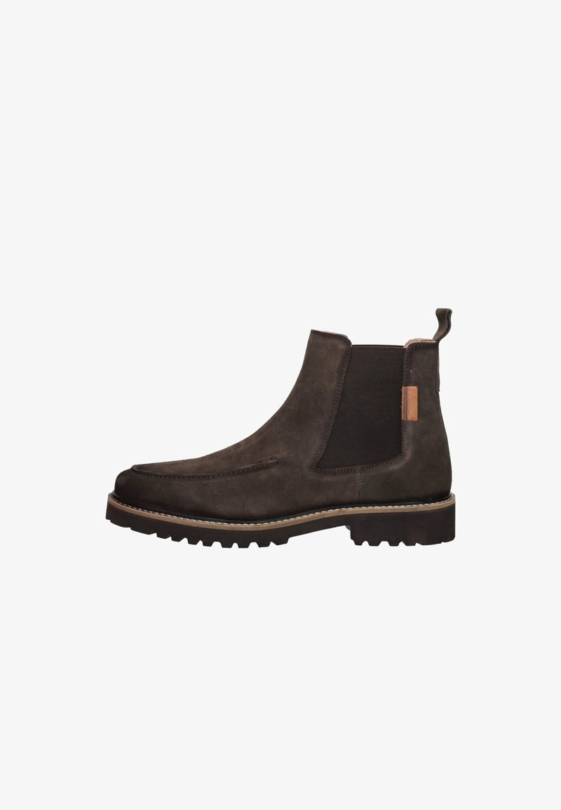 Bruine suède Chelsea-boot met elastische zijpanelen, ronde neus en trekhaak. Voorzien van een robuuste rubberen zool met contrasterende stikdetails.