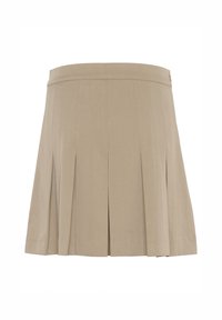 Khaki pleated skirt with a flat waistband, smooth texture, and subtle stitching details, which extends to mid-thigh length.