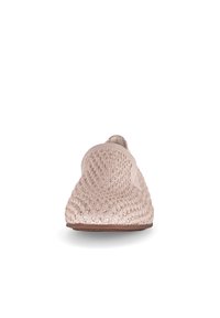 Slip-on shoes with a knitted, light pink textured upper and a flexible sole. Features a smooth, rounded toe and minimalistic design.