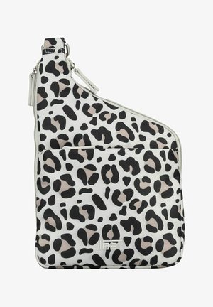 Sac bandoulière blanc avec motif léopard noir et beige, poche frontale et fermeture éclair argentée sur le dessus.