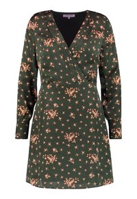Robe portefeuille verte à fleurs avec des manches longues, dotée d'un décolleté en V, de petites fleurs roses et blanches, et d'une taille cintrée pour une silhouette structurée.