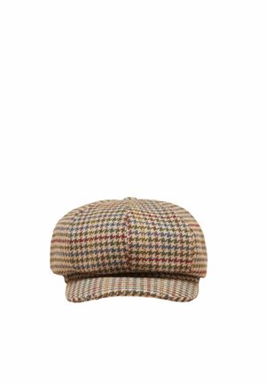 Cappello piatto marrone e beige con motivo pied de poule e piccola visiera, mostrato frontalmente su sfondo bianco.