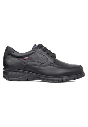 Zapatos de cuero negro con diseño de cordones, paneles texturizados, suela acolchada, puntera redondeada y leve tacón. Presentan una marca en el lateral.