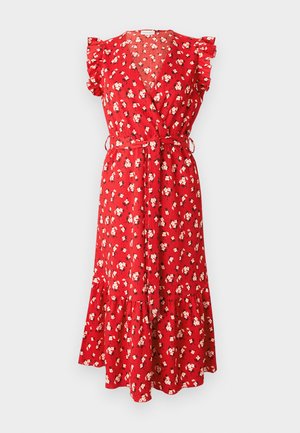 Vestido rojo con estampado floral, mangas cortas con volantes, escote en V y cintura ajustable con lazo. Cuenta con una falda de volantes y tela texturizada.