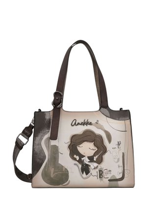 Borsa beige e marrone con tracolle marrone scuro, raffigurante una ragazza dei cartoni animati con gli occhi chiusi e capelli mossi, insieme a forme astratte e testo "Anekke".
