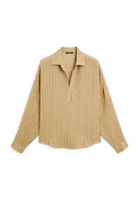 Camicia marrone chiaro a maniche lunghe con colletto, tessuto strutturato e patta con bottoni, caratterizzata da una vestibilità rilassata e spalle basse.