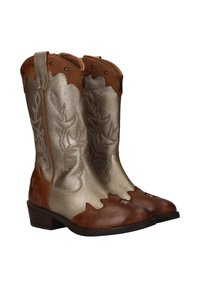 Cowboylaarzen met een metallic gouden bovenwerk, bruin leren accenten, geschulpte toppen en decoratieve stiksels op de schacht en de neus.