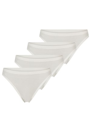 Fire ensfarvede hvide kvinders bikini-trusser arrangeret i et forskudt, overlappende mønster på en hvid baggrund.