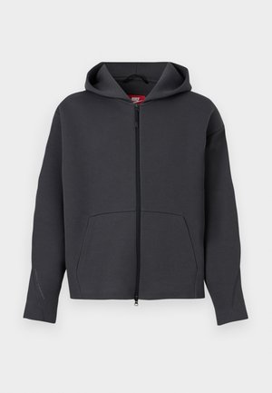 Sweat à capuche gris foncé en matière douce, avec une fermeture éclair frontale, une grande poche kangourou et des poignets côtelés.