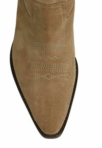 Botte de cheville en daim marron avec un bout pointu, présentant des motifs de couture décoratifs et une semelle texturée pour une bonne adhérence.