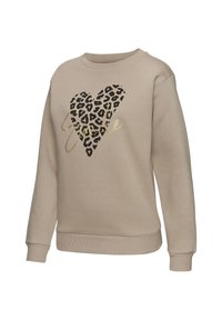 Bež dukserica s okruglim izrezom i dugim rukavima. Ima dezen srca sa leopard printom i metalik zlatnim natpisom "Love."