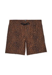 Shorts de bain pour hommes avec imprimé animal abstrait marron et noir, taille avec cordon de serrage noir, sur fond blanc.