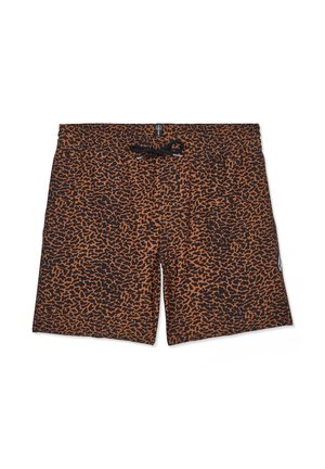 Męskie kąpielówki z brązowo-czarnym abstrakcyjnym zwierzęcym wzorem i czarnym ściągaczem w talii na białym tle.