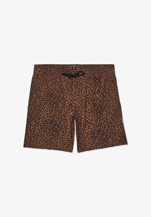 Herren-Badehose mit braun-schwarzem, abstraktem Tiermuster und schwarzem Kordelzugbund vor weißem Hintergrund.