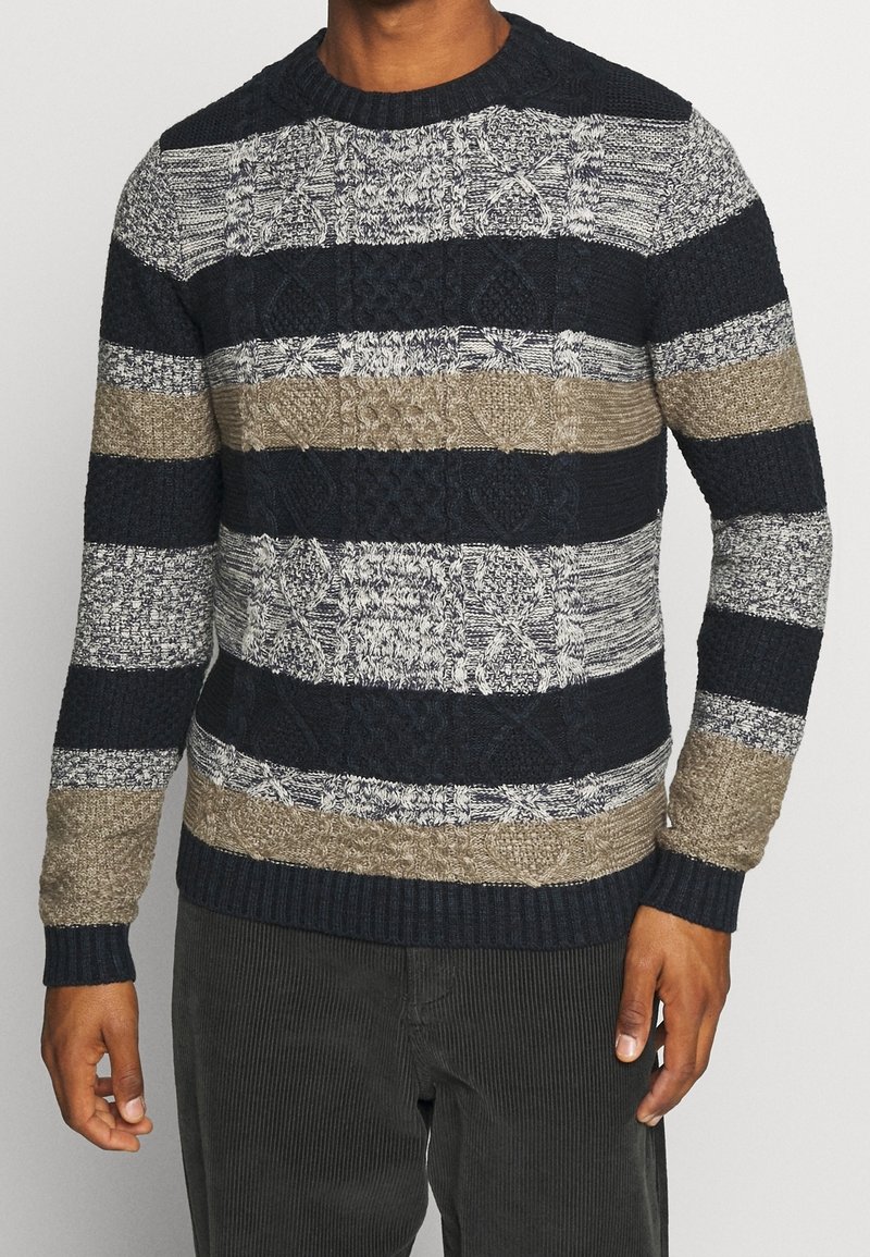 Uomo che indossa un maglione a righe cable-knit blu navy, beige e grigio con collo rotondo e pantaloni di velluto a coste scuri.