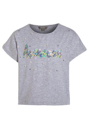 Szary krótki rękaw koszula z rozsianymi perłowymi i czarnymi koralikami oraz wielokolorowym cekinowym napisem "Awesome" na piersi.