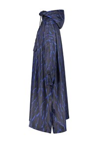 Imperméable, bleu marine avec un motif abstrait bleu clair, design long, capuche réglable et poches à rabat boutonnées.