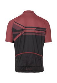 Maillot de cyclisme à manches courtes en rouge foncé et noir, avec des motifs géométriques et des accents réfléchissants. Tissu léger avec une coupe moderne.