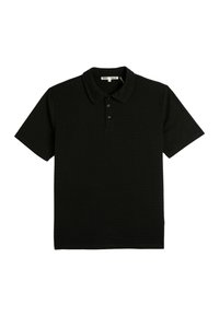Czarna, krótko rękawowa koszulka polo wykonana z fakturowanej tkaniny, z kołnierzykiem i listwą na trzy guziki. Prosty design bez wzorów.