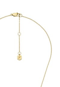 Collier en chaîne en or avec un petit pendentif en forme de bouclier gravé d'un "F" en cursive près du fermoir.