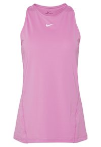 Top atletico rosa con scollo rotondo, design senza maniche e logo Nike in bianco. Realizzato in tessuto traspirante con una texture liscia.