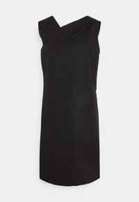 Černé šaty s výstřihem do V a asymetrickým designem ramene. Materiál má hladkou texturu, délka ke kolenům a minimální detaily.