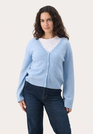 Cardigan bleu clair en matière douce, avec un col en V, des manches longues et des boutons sur le devant. Associé à un jean noir.
