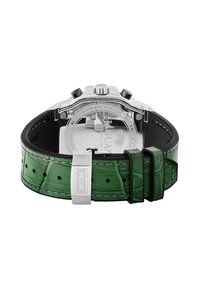 Orologio Jaguar con cassa in acciaio inossidabile, presenta un cinturino in pelle con motivo coccodrillo verde, hardware color argento e dettagli neri.