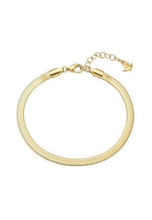 Pulsera de cadena plana tipo serpiente en tono dorado con cierre de langosta y cadena de extensión ajustable que termina en un pequeño colgante en forma de corazón dorado.